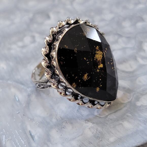 Black and Gold Stone Statement rings, 1.16 Inch Stone, Size 8.5 - Picture 8 of 10